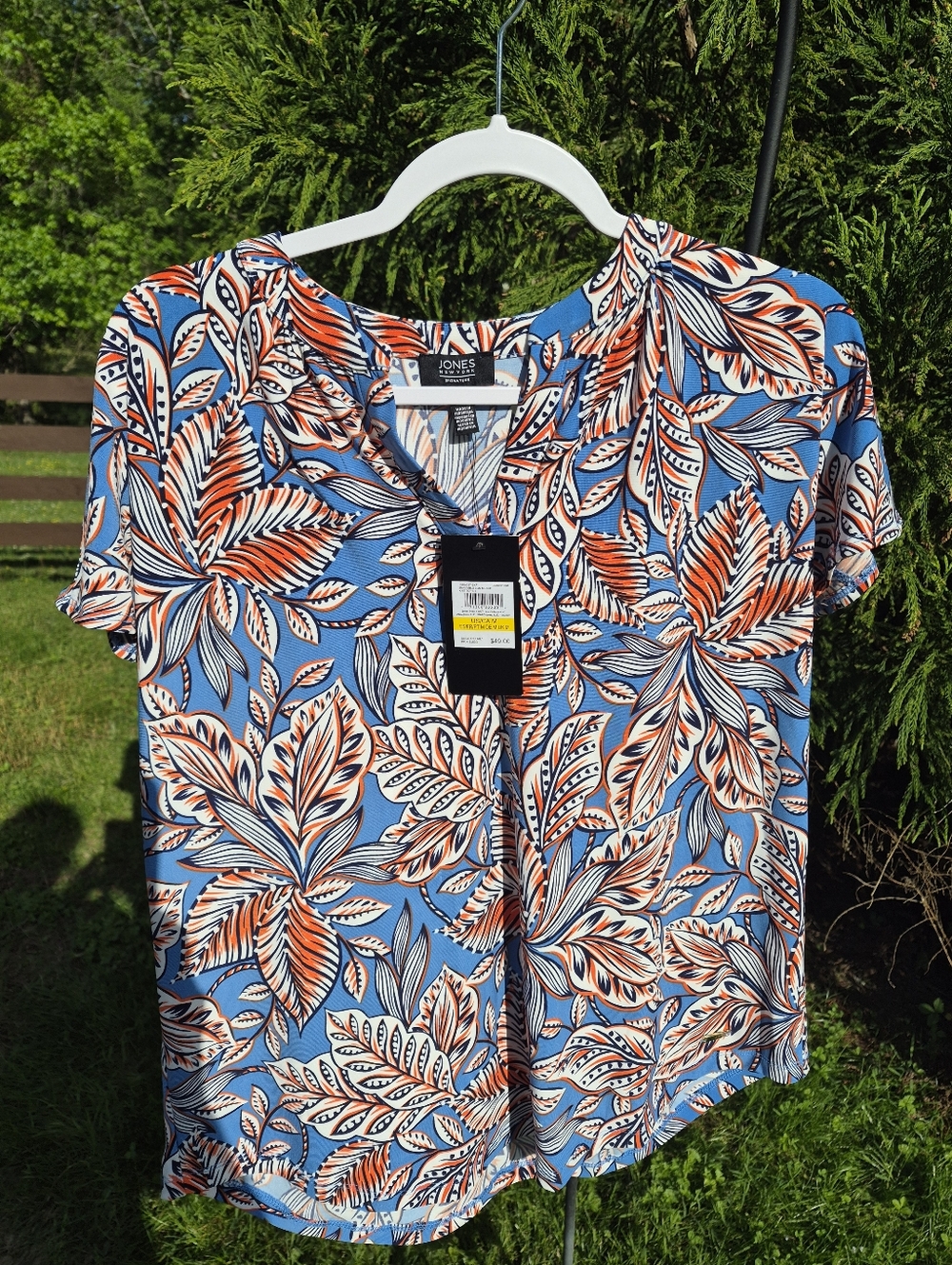NEW Jones New York Blue Floral-Leaf Short Sleeve Top Medium
